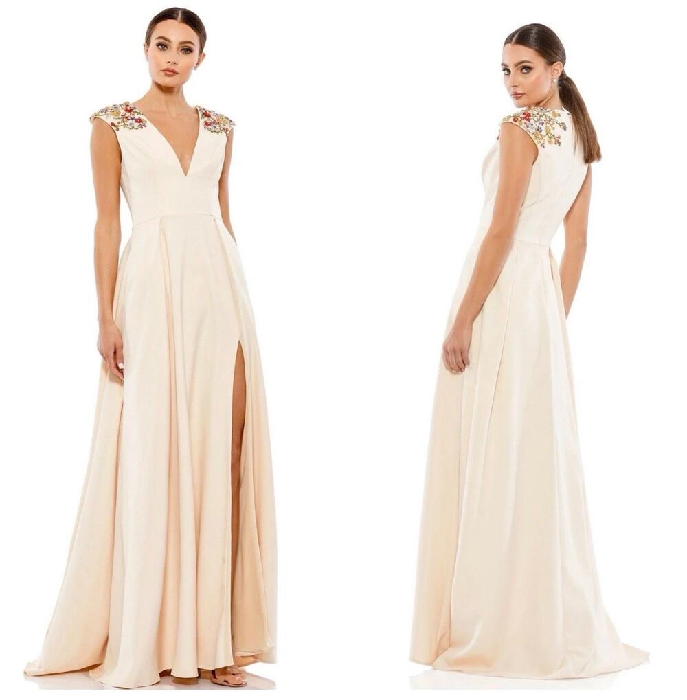 Mac Duggal Cream Beaded Cap Sleeve V Neck A Line Slit Formal Gown 16